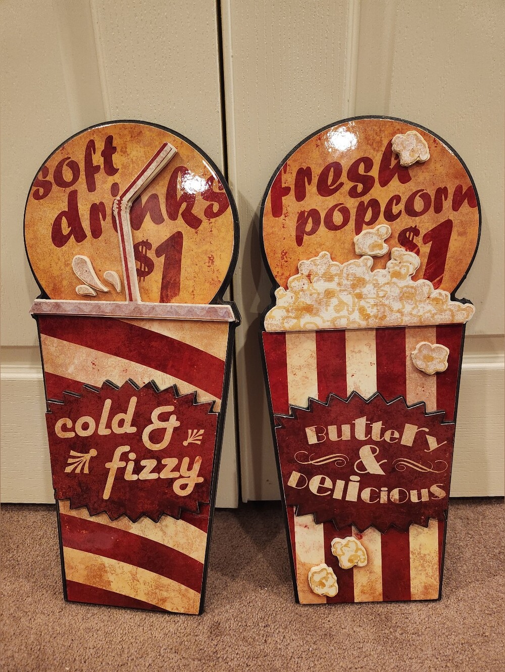 Vintage-Style Red & Cream Popcorn and Soft Drink Wood Wall Signs - Set of 2